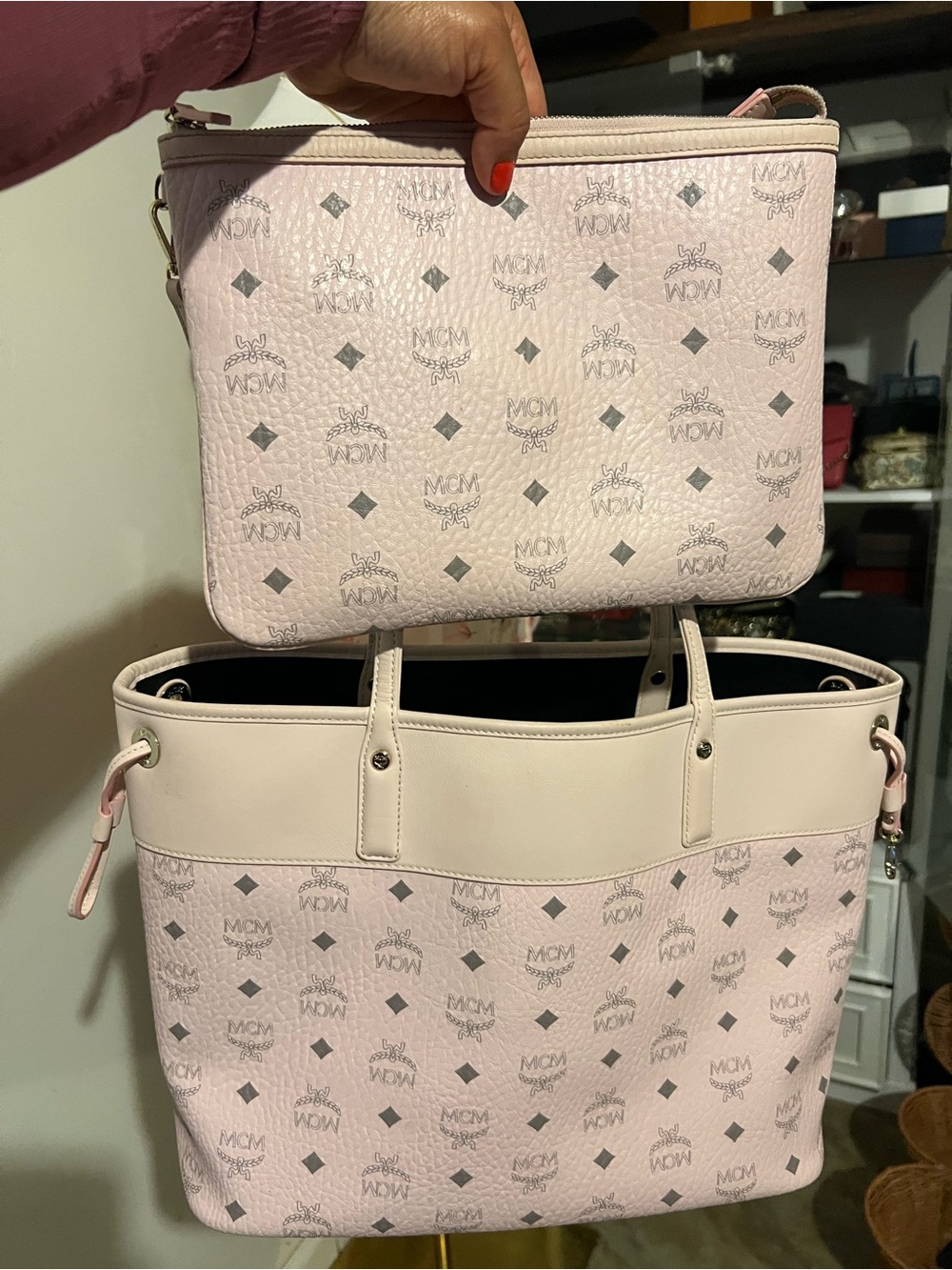MCM Pale Pink Logo-Print Leather & Canvas Tote